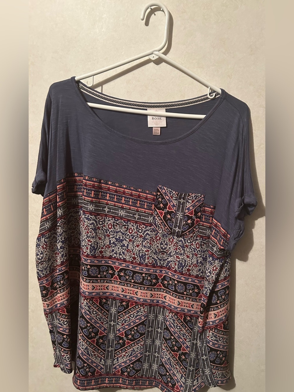 Knox Rose XXL Navy Short Sleeve Top with Pink & White Boho Print